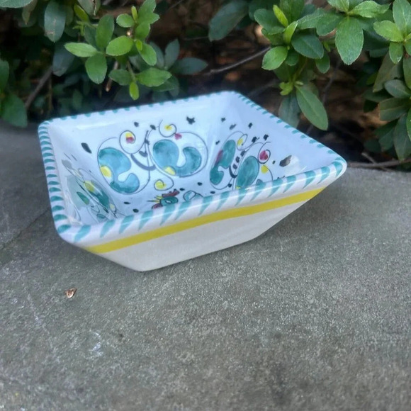 Sambuco Mario Deruta Italy Green Rooster Square Small Bowl - Picture 4 of 7